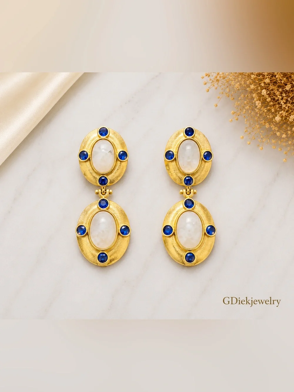 Goldfilled  Oval Drop Earrings with White Cabochon and Blue Stones